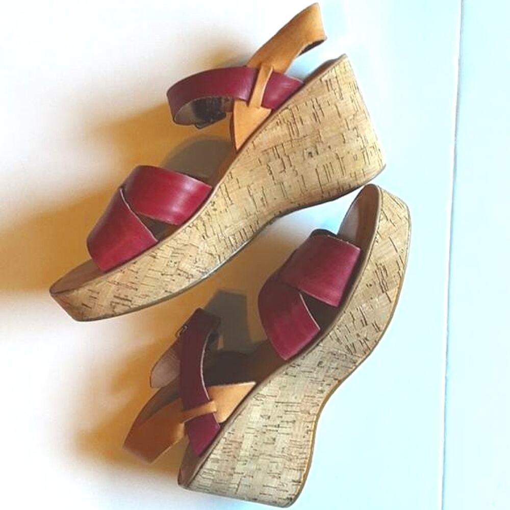 Kork-Ease NEW AVA Red Tan Cork Platform Wedge Peep-Toe Leather Sandal 40.5